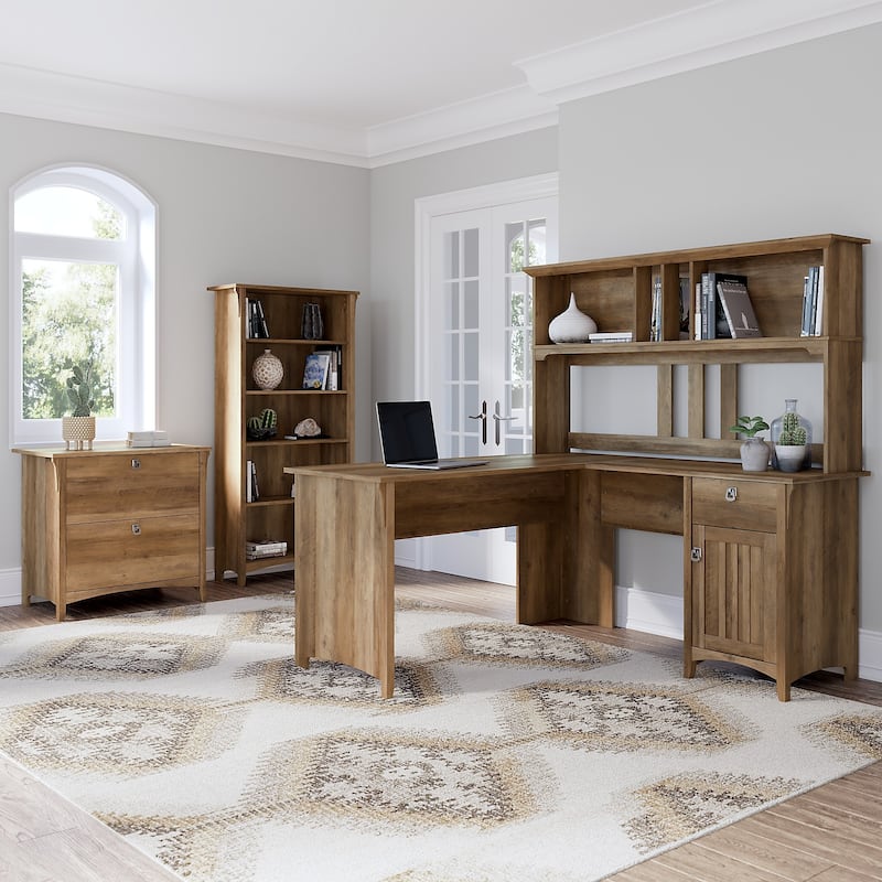 Salinas 60W L Desk with Hutch, Cabinet and Bookcase by Bush Furniture - Reclaimed Pine