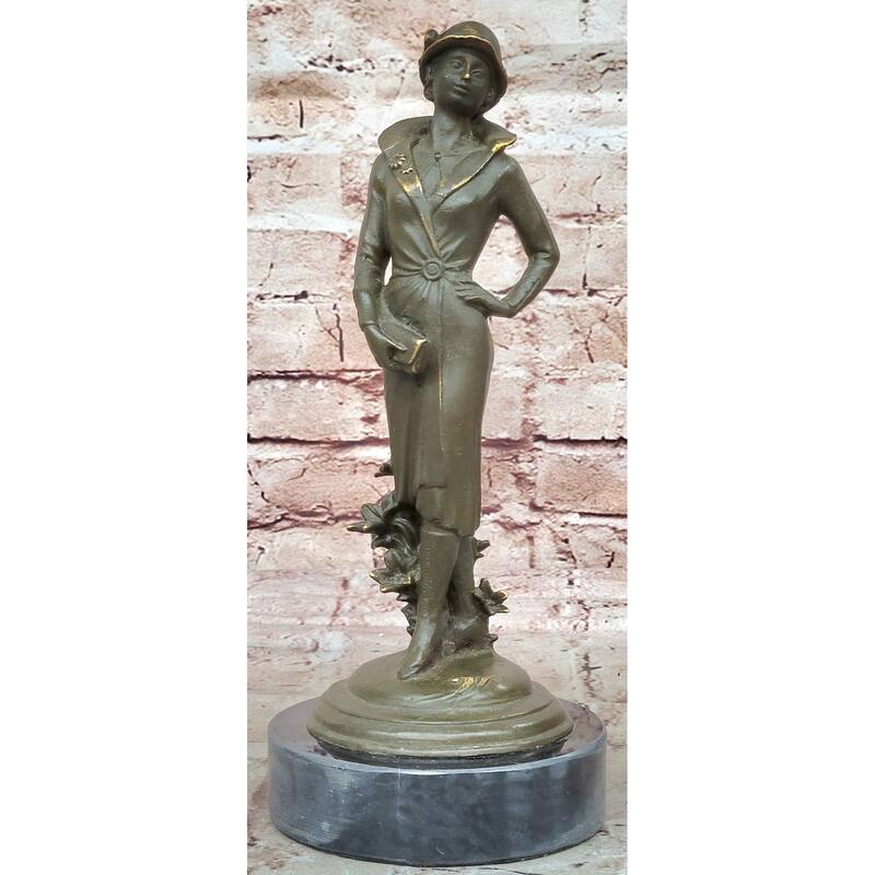 Elegant Art Deco Lady With Hat Bronze Sculpture On Marble Base