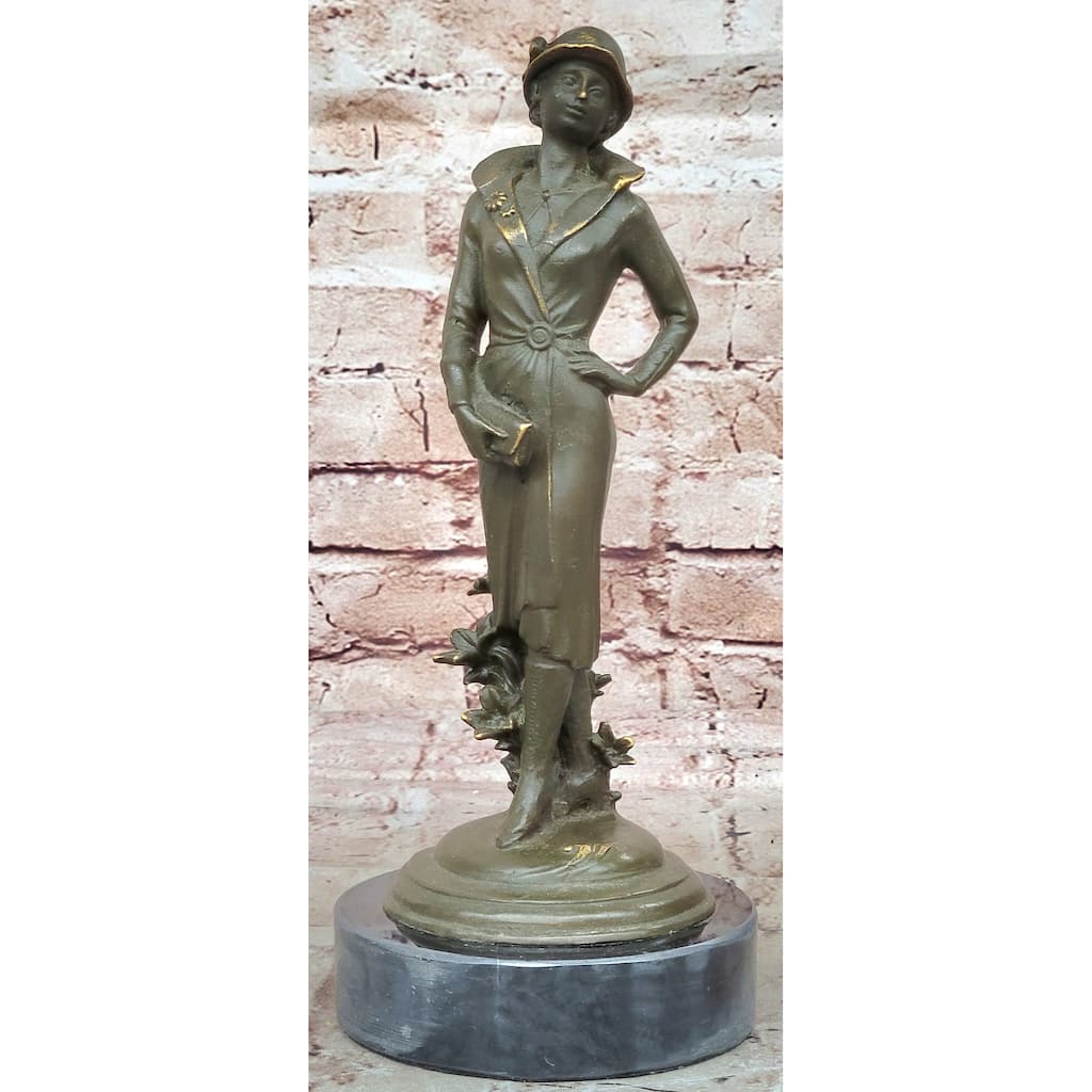 Elegant Art Deco Lady With Hat Bronze Sculpture On Marble Base