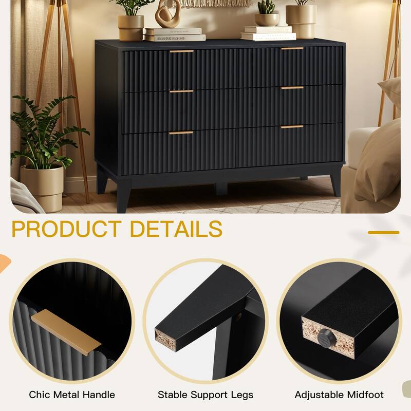 EROMMY Fluted 6-Drawer Dresser – Mid Century Modern Wide Chest with Metal Handles for Bedroom & Living Room