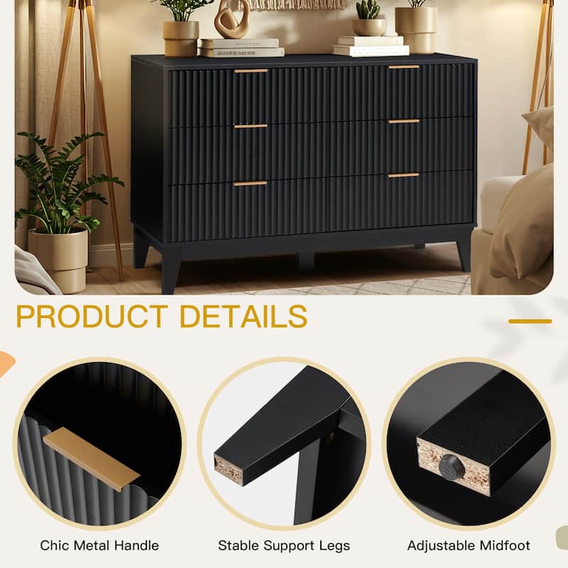 EROMMY Fluted Dresser 6 Drawer Mid Century Modern Dresser Wide Chest of Drawers with Metal Handles for Bedroom Living Room