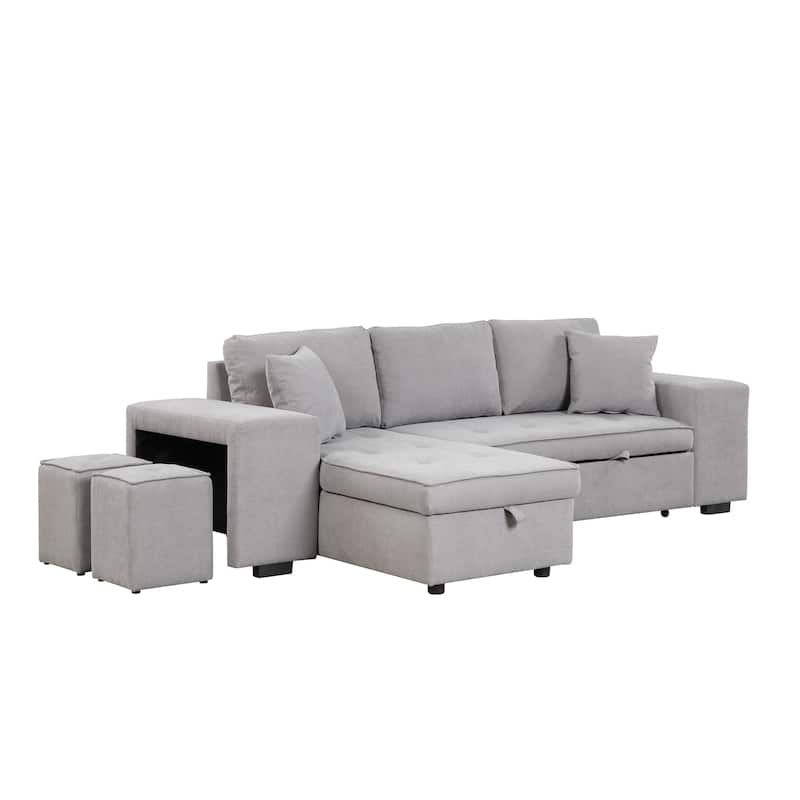 104.5" Linen L-Shaped Sectional Sofa Bed with Stools