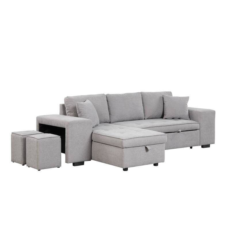Convertible Sleeper Sectional Sofa, Reversible Sofa with Pull-Out Bed, Storage Chaise & 2 Stools, Linen Upholstered 4 Seat Sofa