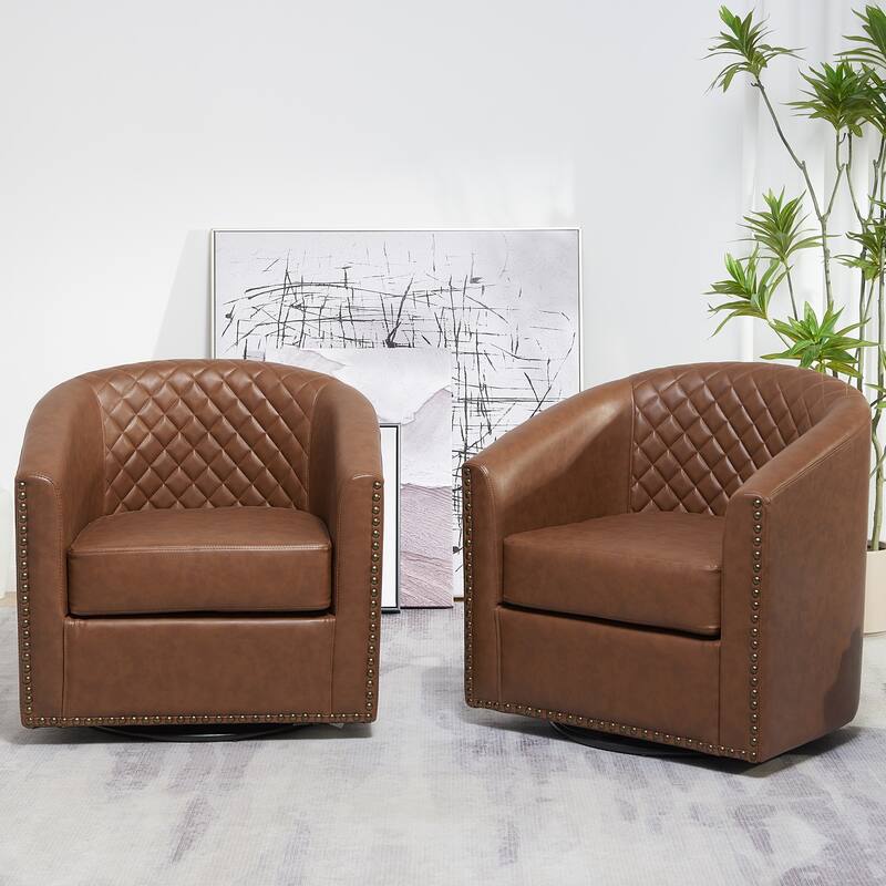 KINWELL 29" Wide Tufted PU Leather Swivel Barrel Chair (Set of 2)