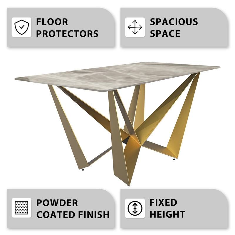 Nuvor Rectangular Sintered Stone or Glass Tabletop Dining Table with Powder-Coated Gold Steel Base for Kitchens & Dining Rooms
