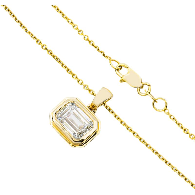 House Of Leon 14K Yellow Gold Bezel Set Solitaire Emerald Cut Diamond Necklace 2.09ct
