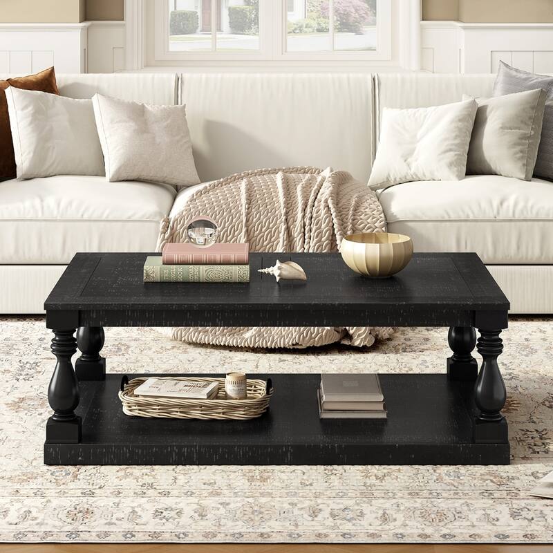 Luxurious Vintage Wooden Coffee Table With Column Legs