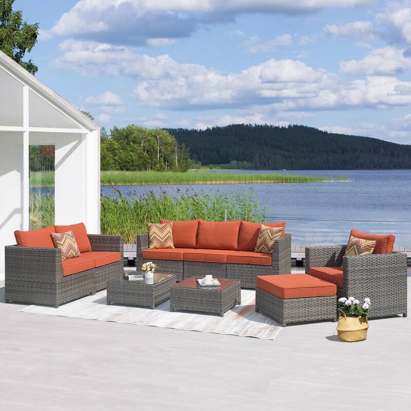 OVIOS Patio Furniture Deep Seat Wicker 9-piece Set