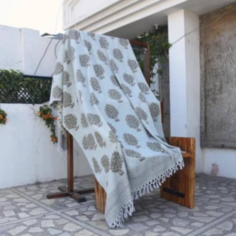 Fabdivine Anar Handcrafted Cotton Blanket - Double-Sided Block Print, Artisan Home Textile, Retro Cozy Sofa & Bed Throw, 90"x54"