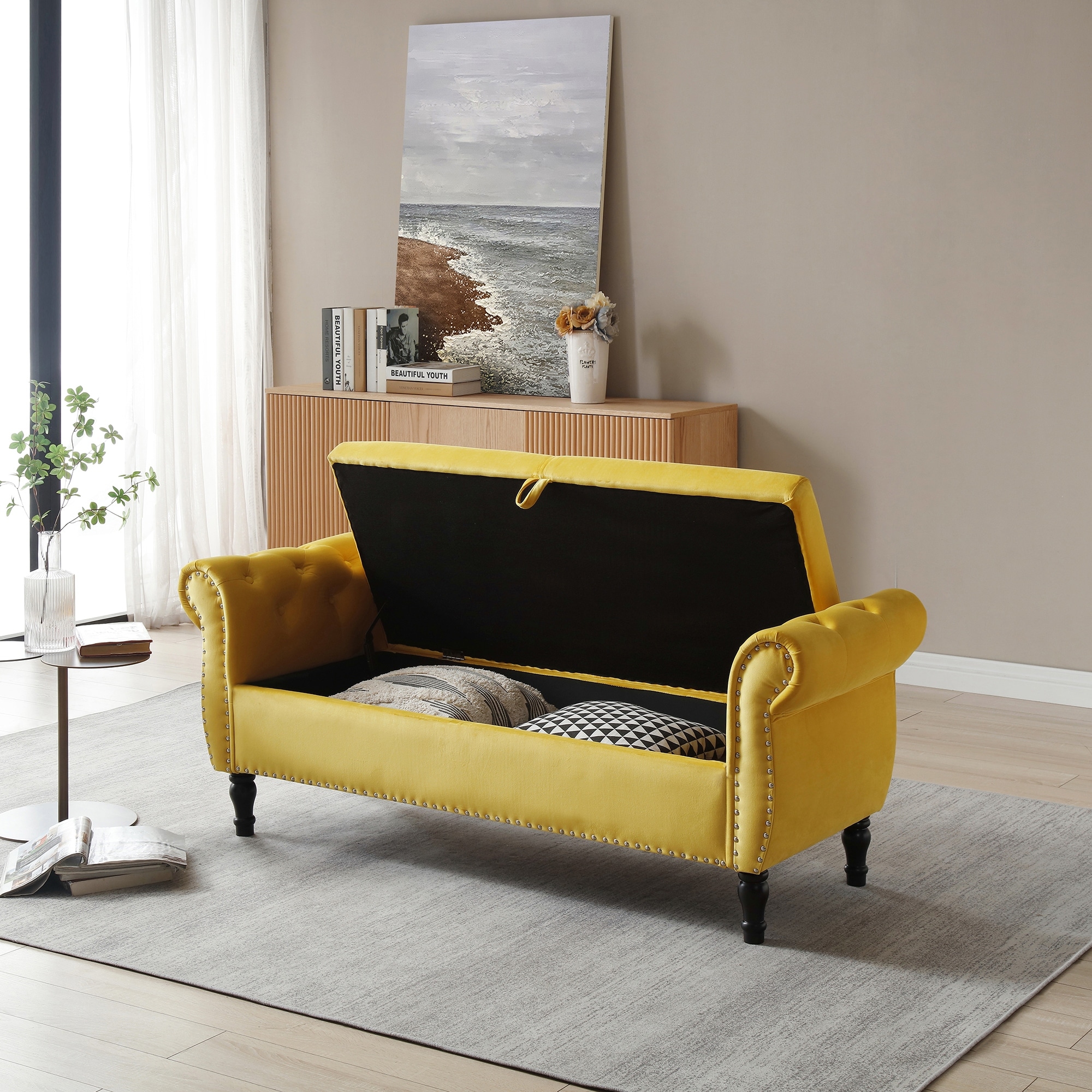 Sofa Yellow Upholstered Bench Velvet Bench Sofa Stool, Buttons