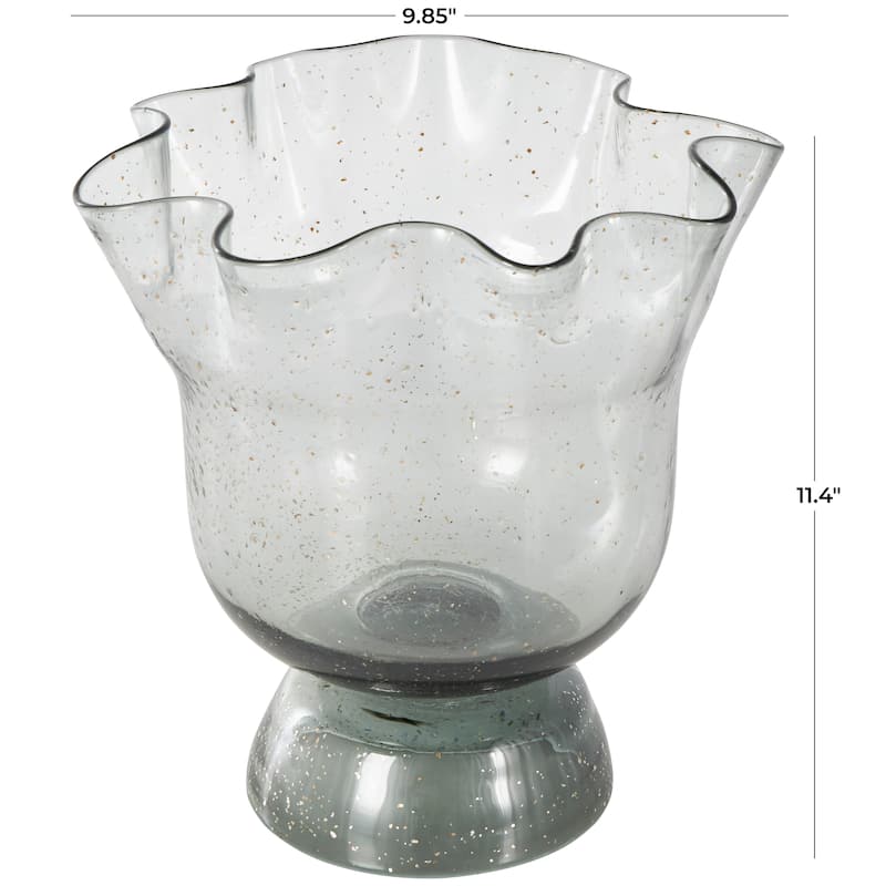 Black Glass Tulip Inspired Wide Floral Vase with Wavy Opening and Gold Speckles