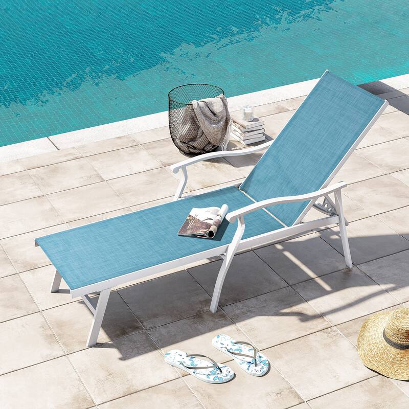 Outdoor Recliner All Weather Aluminum Adjustable Chaise Lounge Chair with Arms - See Picture