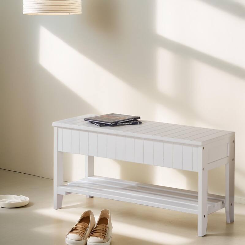 Simple Wooden Storage Bench with Flipping Lid, Indoor Bench Shoe Bench with Shelf at Bottom, Decorative Bench for Mudroom