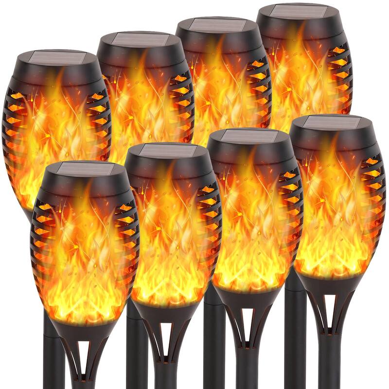 Mini Solar Torches Lights with Flickering Flame Outdoor Waterproof for Pathway - 8 Pack - Yellow