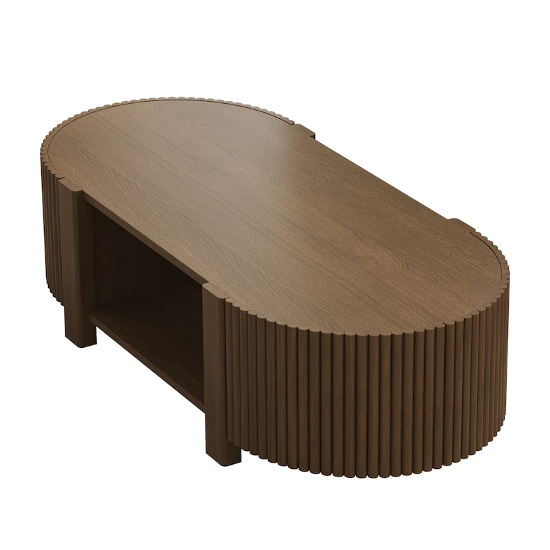 Oval Fluted Coffee Table Sofa Table with Storage for Living Room, End Table Center Table with Open Shelf