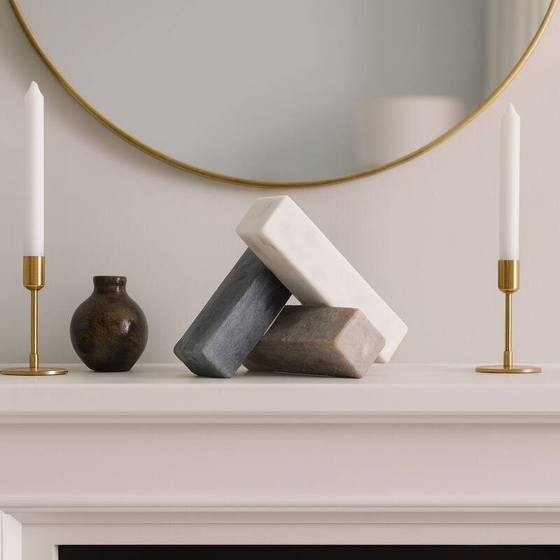 Stone Marble Decorative Object Sculpture Interlocking Angular Design - 6" x 6" x 6" - White - 6" x 6" x 6"