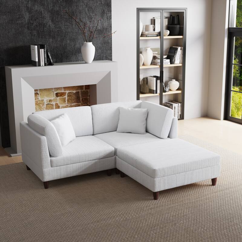 Corduroy Modular Sectional Sofa Set With Ottoman - 3 Pieces/Beige - Symmetrical