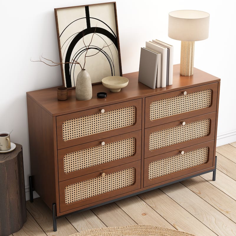 Modern Cannage Rattan Wood Closet 6-Drawer Dresser Wood Storage Cabinet Sideboard for Bedroom, Living Room, Entryway, Hallway
