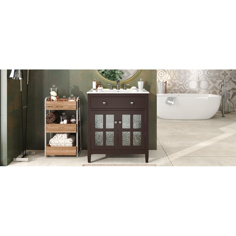30"Bathroom Vanity with Ceramic Sink, Adjustable Shelf and Tip-Out Tray, Solid Wood Legs, Metal Knobs and Soft Close Hinges