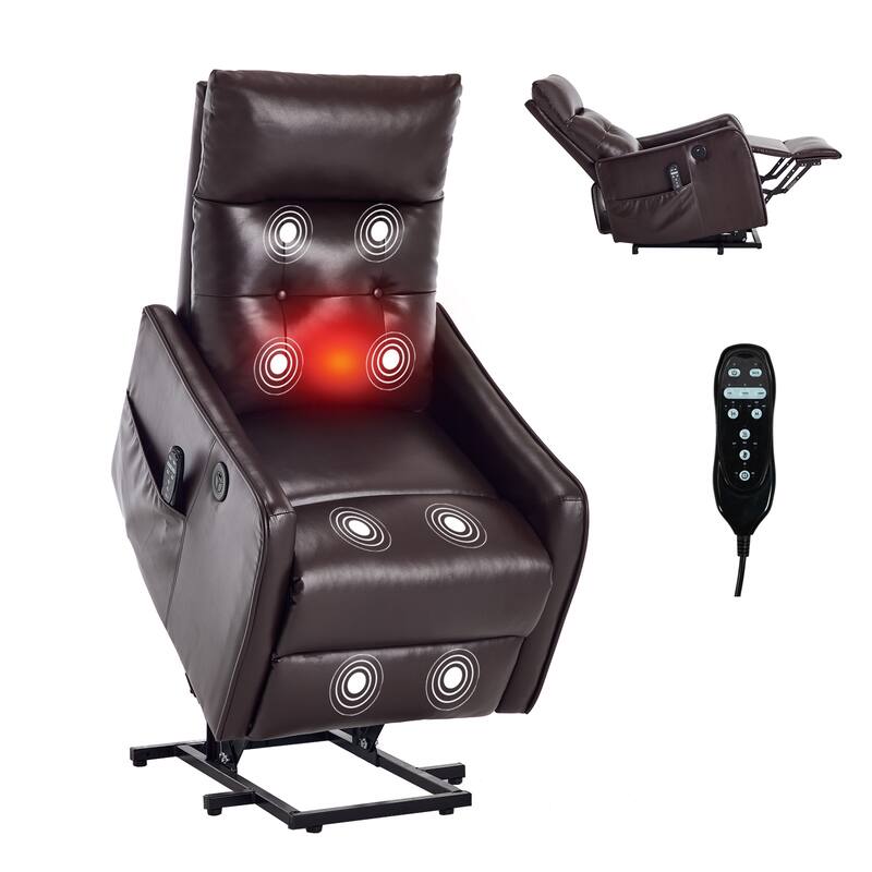 PU Leather Recliner with Single Motor Lift Massage Heat and 155 Degree Recline