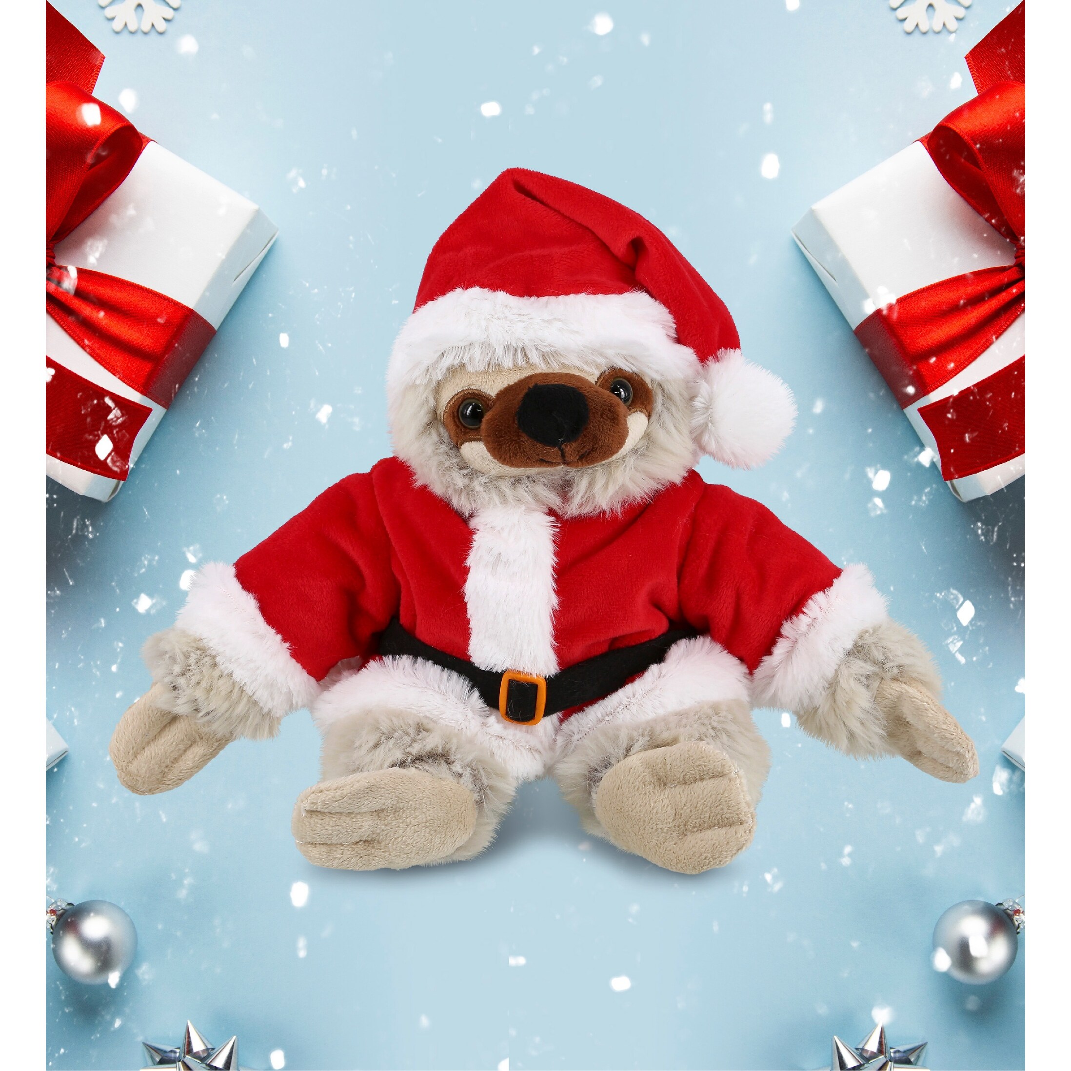 DolliBu Santa Sloth Stuffed Animal Plush Toy with Red Santa Outfit