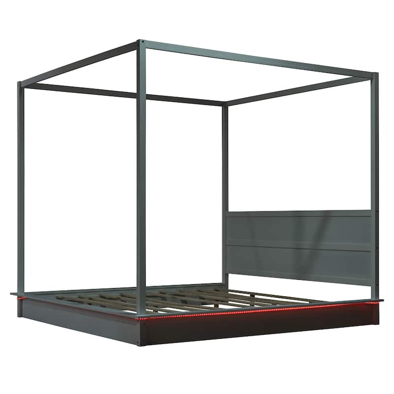 King Size Wood Led Canopy Bed ,Canopy Platform Bed With Support Slats, No Box Spring Needed
