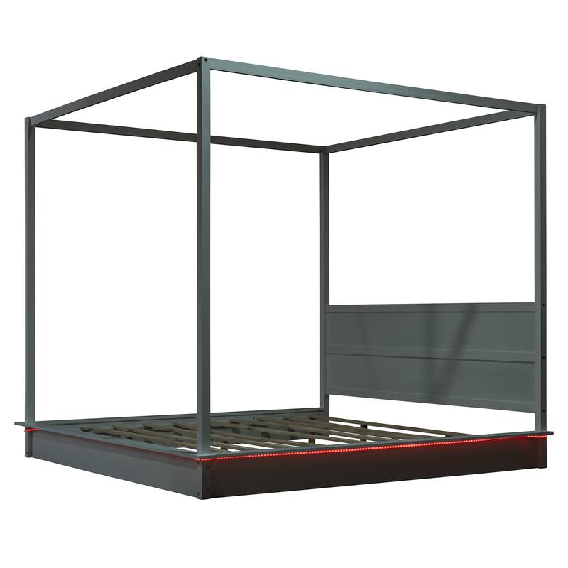 Wooden Canopy Bed Platform Bed Frame Mattress Foundation with LED Light Strips, Slat Support, No Box Spring Needed, White