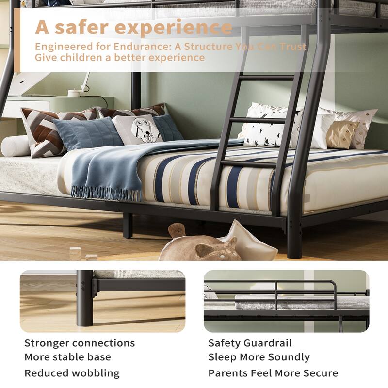 Twin Over Full Bunk Bed, Metal Bunk Bed Frame with Ladder, Safety Rail & Steel Slats, Space-Saving Bunk Beds