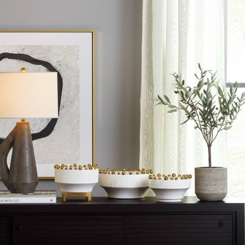 Ceramic Bowls Beaded Edge Elegant Craft Accent (Set of 3) - 4/5" White - 10" x 10" x 5"