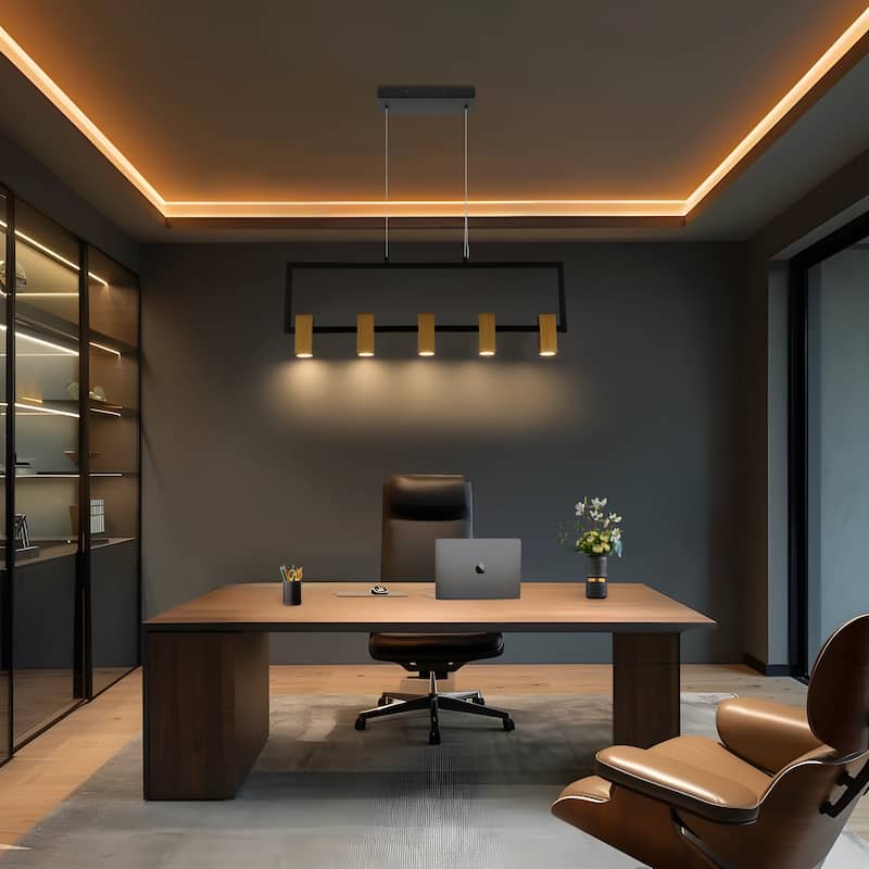 Modern 5-Light Black Gold LED Rectangle Chandelier Hanging Pendant Light for Dining Room - 27.5" L x 1.5" W x 12" H