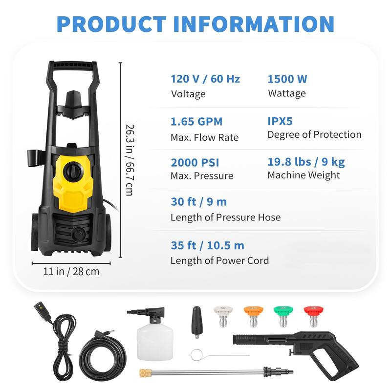 Black-Yellow PP 2000PSI Electric Washer 1.76GPM with 5 Nozzles