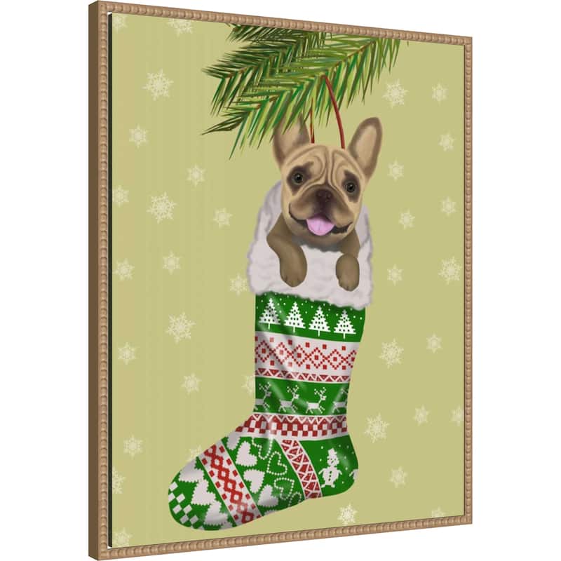 French Bulldog in Christmas Stocking by Fab Funky (23 x 28 in.), Framed Canvas Wall Art Print - Sylvie Beaded Rustic Natural