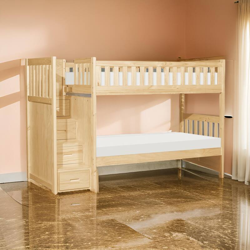 Catherine Twin over Twin Bunk Bed, Storage Step, Natural Brown, Solid Wood
