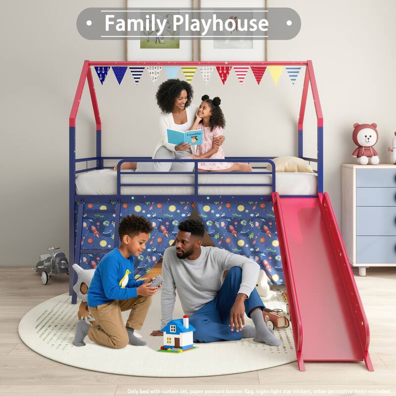 Metal Junior House Twin Loft Bed with Slide and Curtain Set and Pennant Banner Flag and Star Stickers