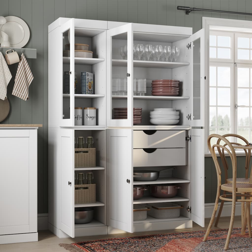 Palace Imports 100% Solid Wood 48.5" Pantry Cabinet with Clear Glass, Shaker Doors, 2-Drawers and Adjustable Shelves