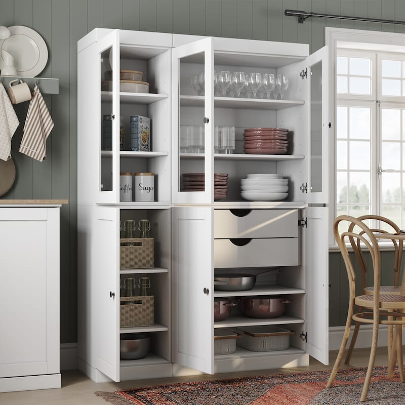 Palace Imports 100% Solid Wood 48.5" Pantry Cabinet with Clear Glass, Shaker Doors, 2-Drawers and Adjustable Shelves - White