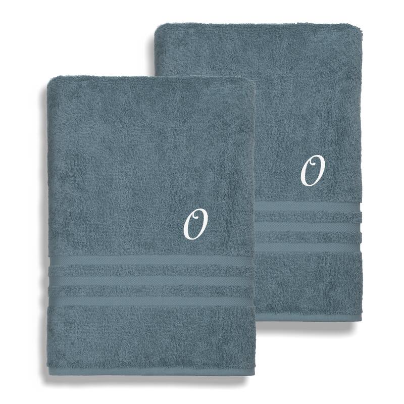 Authentic Hotel and Spa Omni Turkish Cotton Terry Set of 2 Medium Blue Bath Towels with White Script Monogrammed Initial - O
