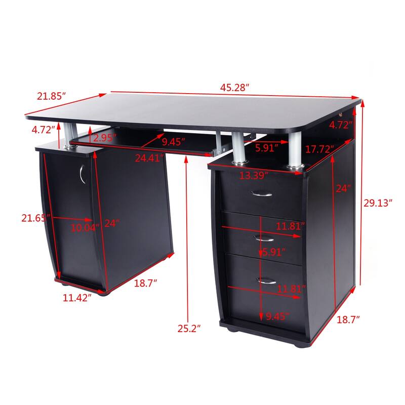 MDF Portable Computer Desk Black With 3pcs Drawers Black