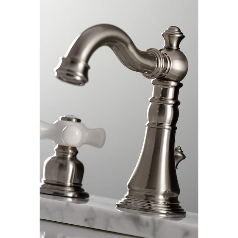 Kingston Brass American Classic Two-Handle 3-Hole Deck Mount Widespread Bathroom Faucet with Pop-Up Drain
