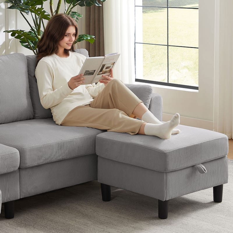 100.79" Corduroy L shaped Pillow Top Arm Sofa With Storage Bag