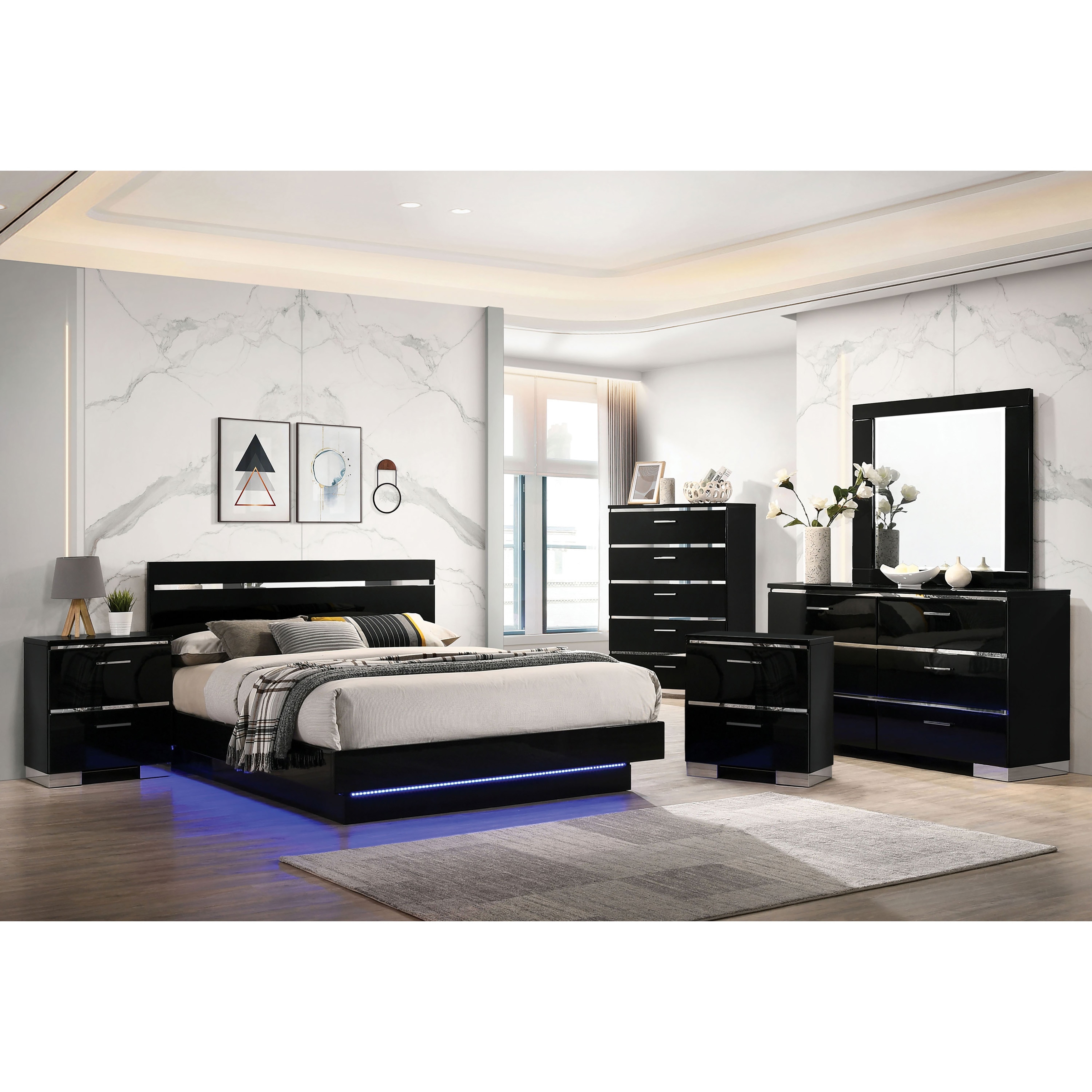 Benvolio Contemporary Black Wood LED 6 Piece Panel Bedroom Set with USB Port by Furniture of America