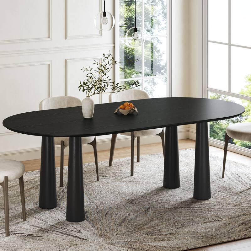 Modern Oval Black Dining Table - 79" Large Size, Sturdy Tapered Legs, Stylish Wood Grain for Dining Room - Black