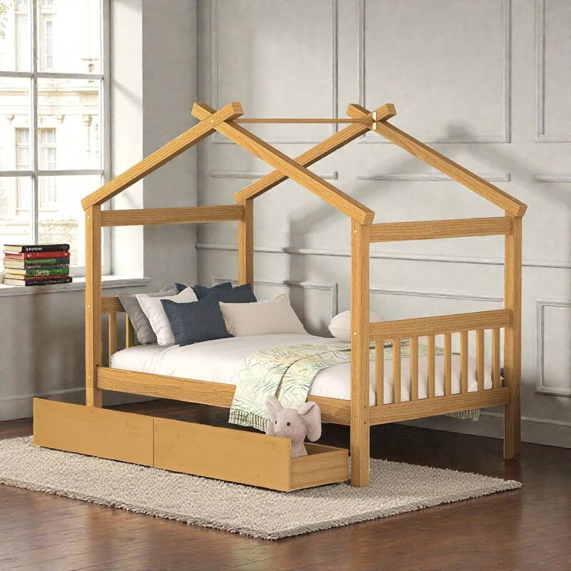 Twin/Full Size Wooden House Bed with Roof and 2 Drawers, Kids Platform Bed with Storage, Solid Pine Frame