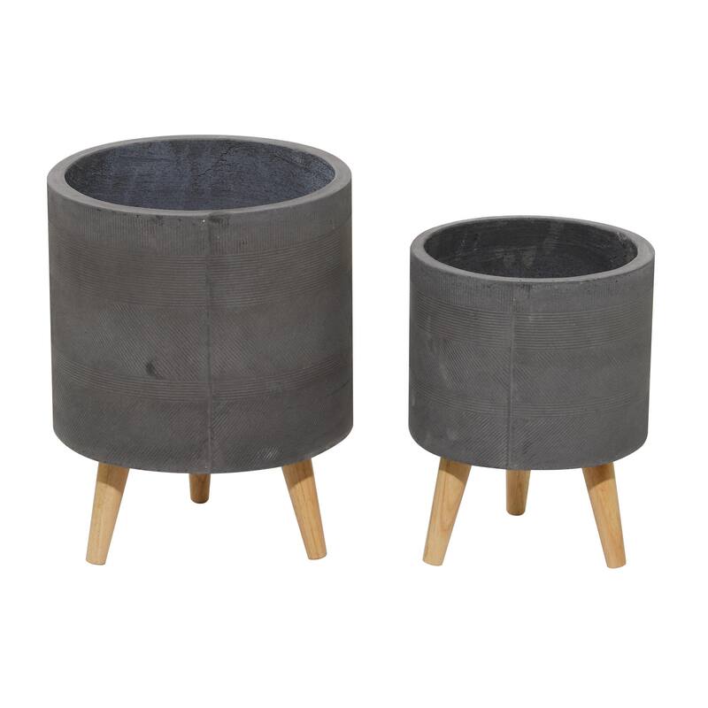 Magnesium Oxide Indoor Outdoor Planter with Wood Tripod Legs - Set of 2 White or Dark Gray - Roche River Decor