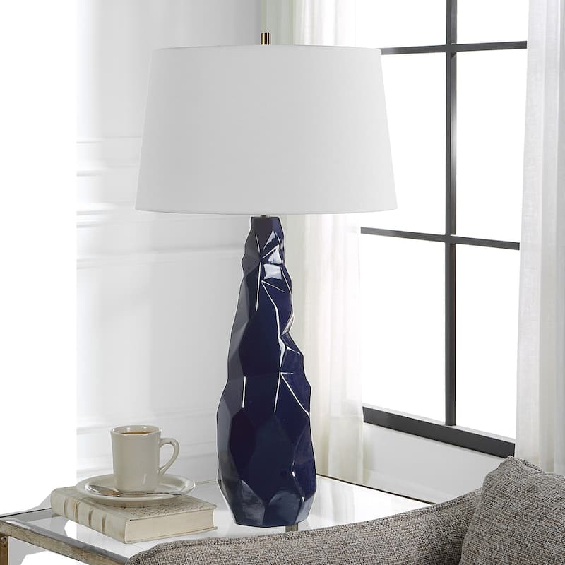 Abstract Geometric Glossy Table Lamp with Tapered Drum Shade- 31" - Navy Blue