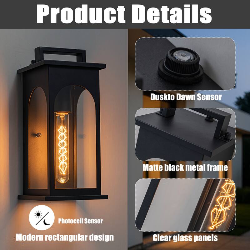 1-Light Modern 13 Inch Outdoor Wall Lantern Black Exterior Sconce with Clear Tempered Glass for Front Door Porch Light - W6‘’