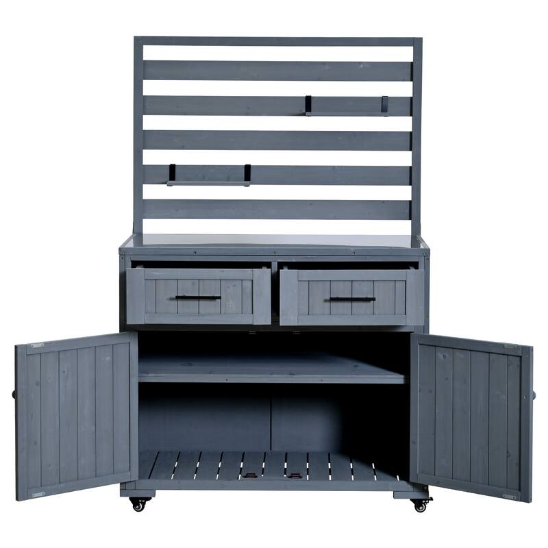 Solid Wood 64.9''Tall Outdoor Kitchen Island Kitchen Cart, Garden Potting Bench with Stainless Table Top for BBQ