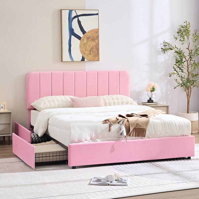 Pink Upholstered Platform Bed Frame with 4 Storage Drawers, Adjustable Velvet Rivets Headboard