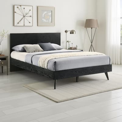 Saly Queen Platform Bed Frame, Tapered Legs, Diagonal Grain Finish, Black