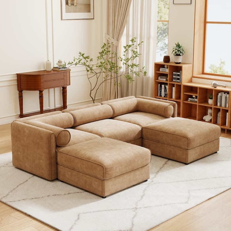 Modern 3-seater Chenille Sectional Sofa with Hidden Storage Seats & Ottoman - Camel